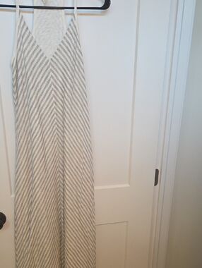 Ag Adriano Goldschmmied Striped V-Neck Maxi Dress in Cream and Gray